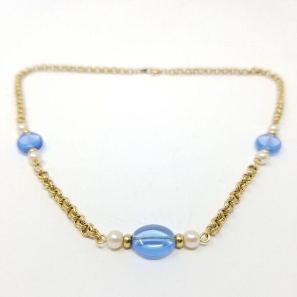 Vintage Avon Blue Beaded Gold Tone Chain Necklace, Retro Estate - Picture 5 of 5